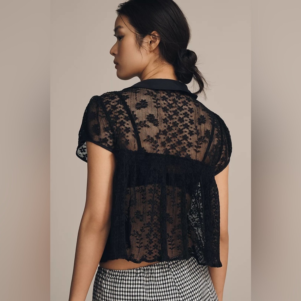 NWT Size S - Maeve Short Sleeve Sheer Lace Babydoll Blouse black (NWT US$ 88) - Picture 4 of 16